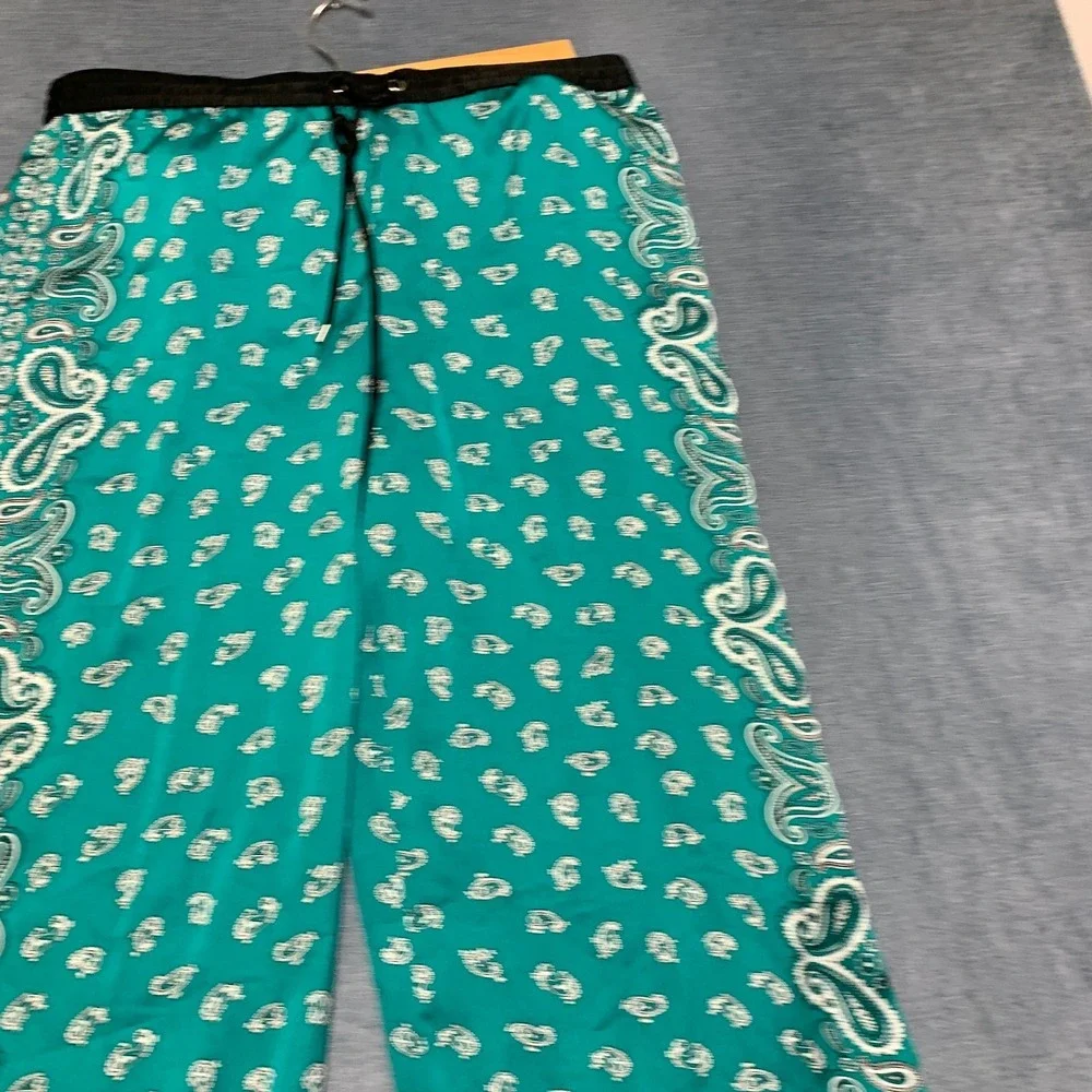 Michael Kors Wide Leg Pants Womens 14 Teal Paisley Drawstring Elastic Waist